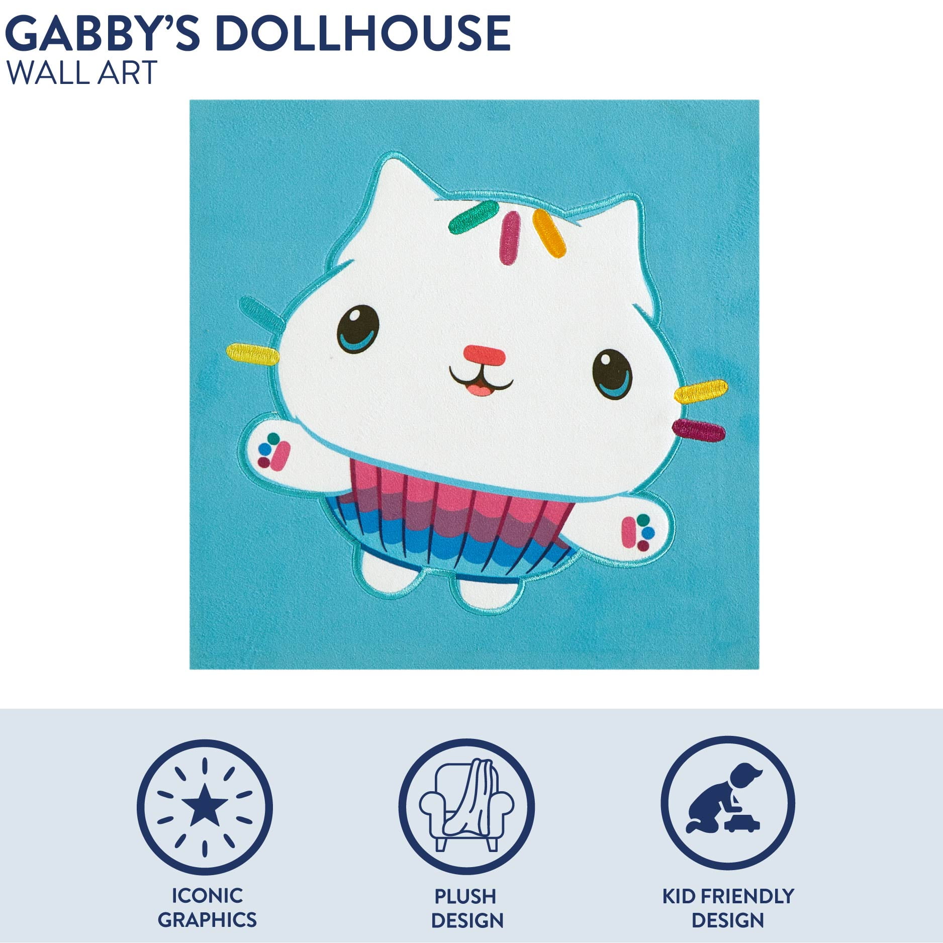 Dreamworks Gabby's Dollhouse Soft Plush Textured Wall Art for Kids, 12 x 12 Inches, Cakey Cat Design