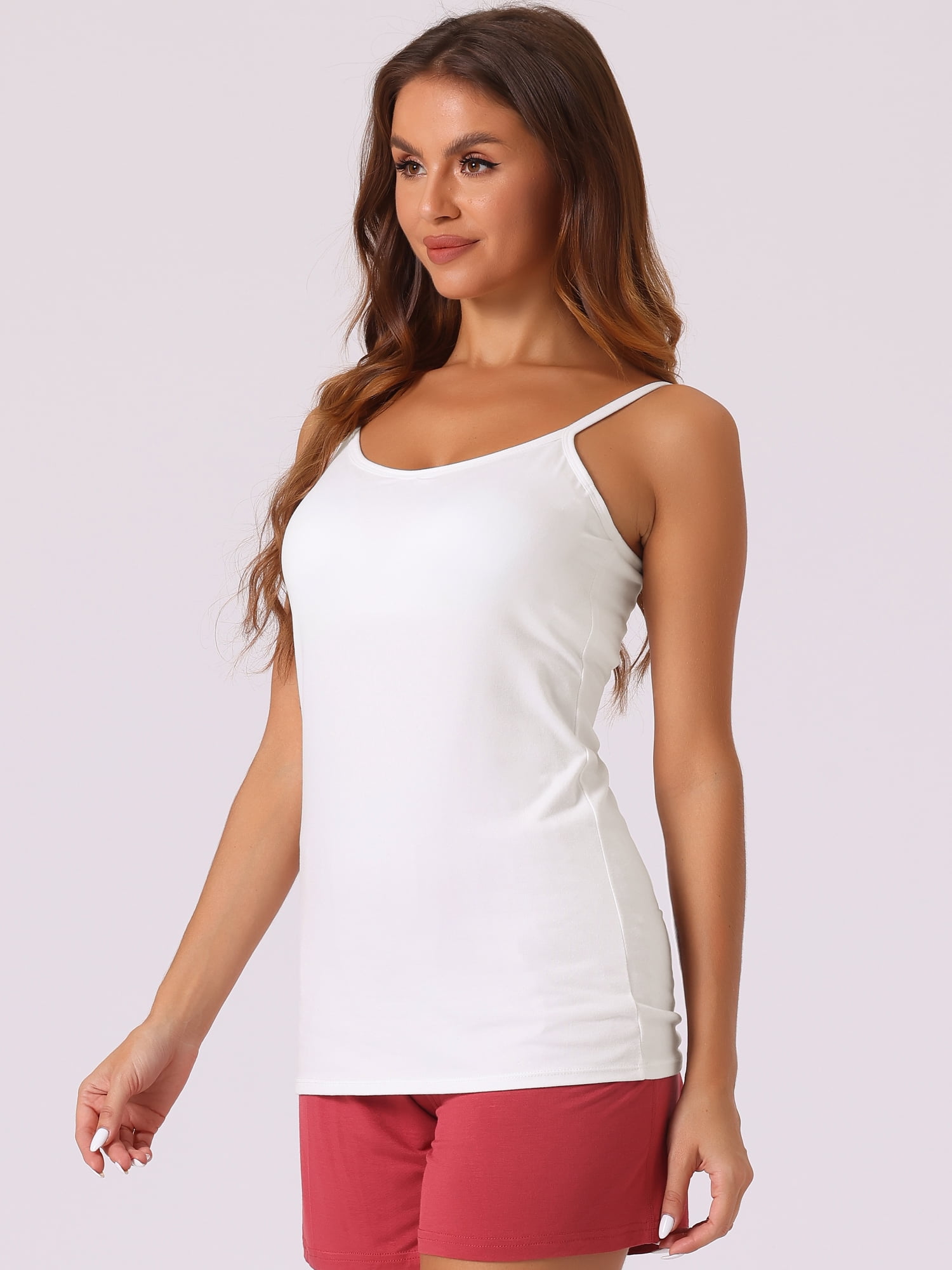 DARING DIVA Women's Tank Top with Built in Bra Adjustable Spaghetti Strap L White