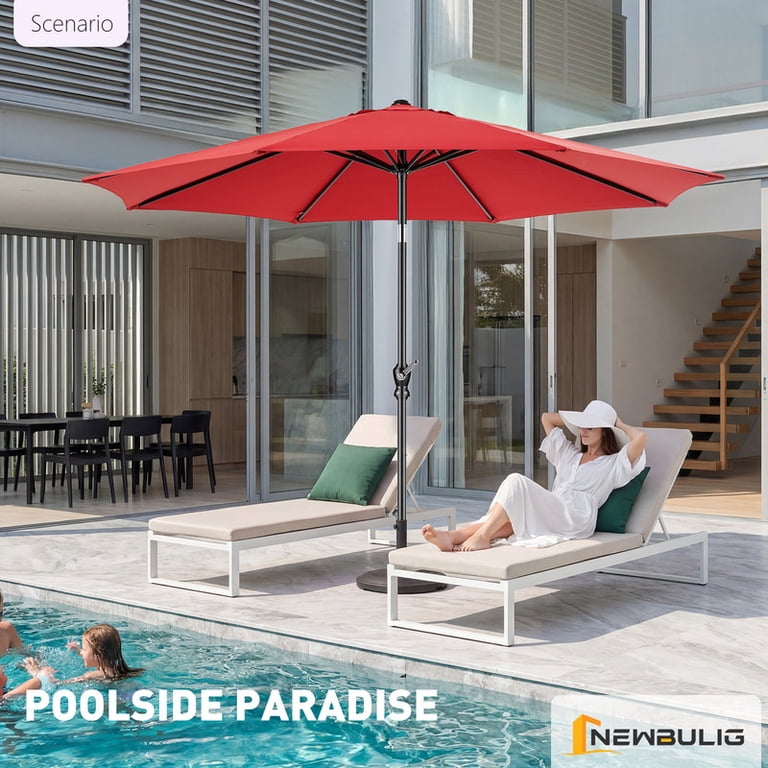 9 foot red patio umbrella Gianna 9-Foot Outdoor Patio Market Umbrella with Push Button Tilt and Crank, 8 Sturdy Ribs, Red, (1 Unit)