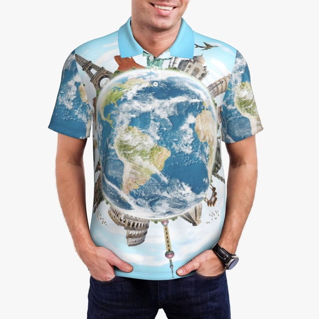 Balery World Travel Camisa Polo de Hombre con Estampado, de Manga Corta y Tejido Medio, Camisa Tipo Golf Polo-4X-Large