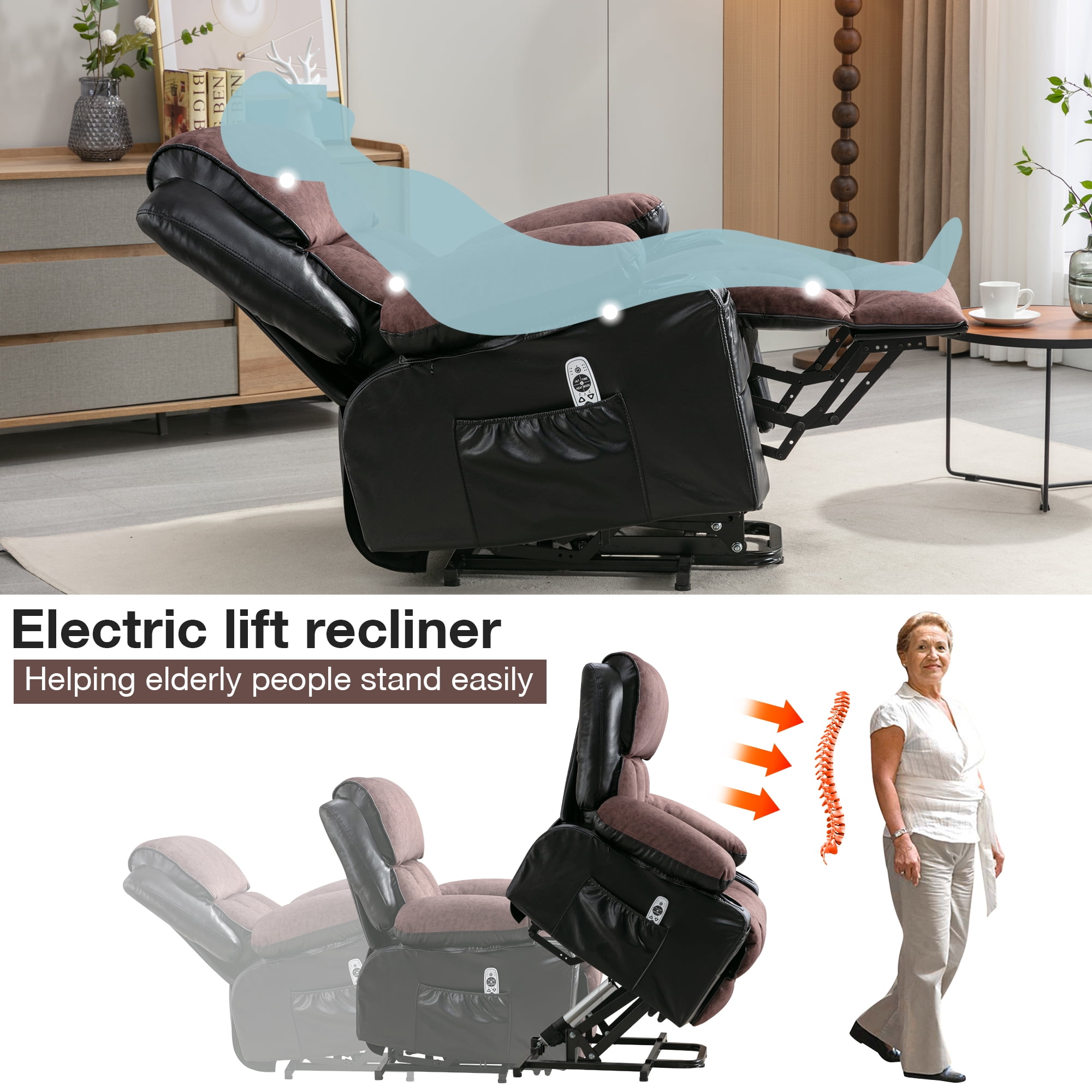 BTMWAY Power Lift Recliner, Electric Lift Chair with Remote and Side Pocket, Fabric Reclining Sofa Living Room Chair , Heavy Duty Lift Recliner for Elderly Big Man Lazy Boy, Holds 300lbs, Coffee
