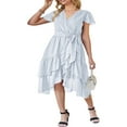 thumbnail image 2 of Femmes Boho Manches Courtes V Robe de Cou Casual Ruffle Wrap Swing Plage Sundress Été Mousseline de Soie Parti Midi Robe avec Ceinture, 2 of 5