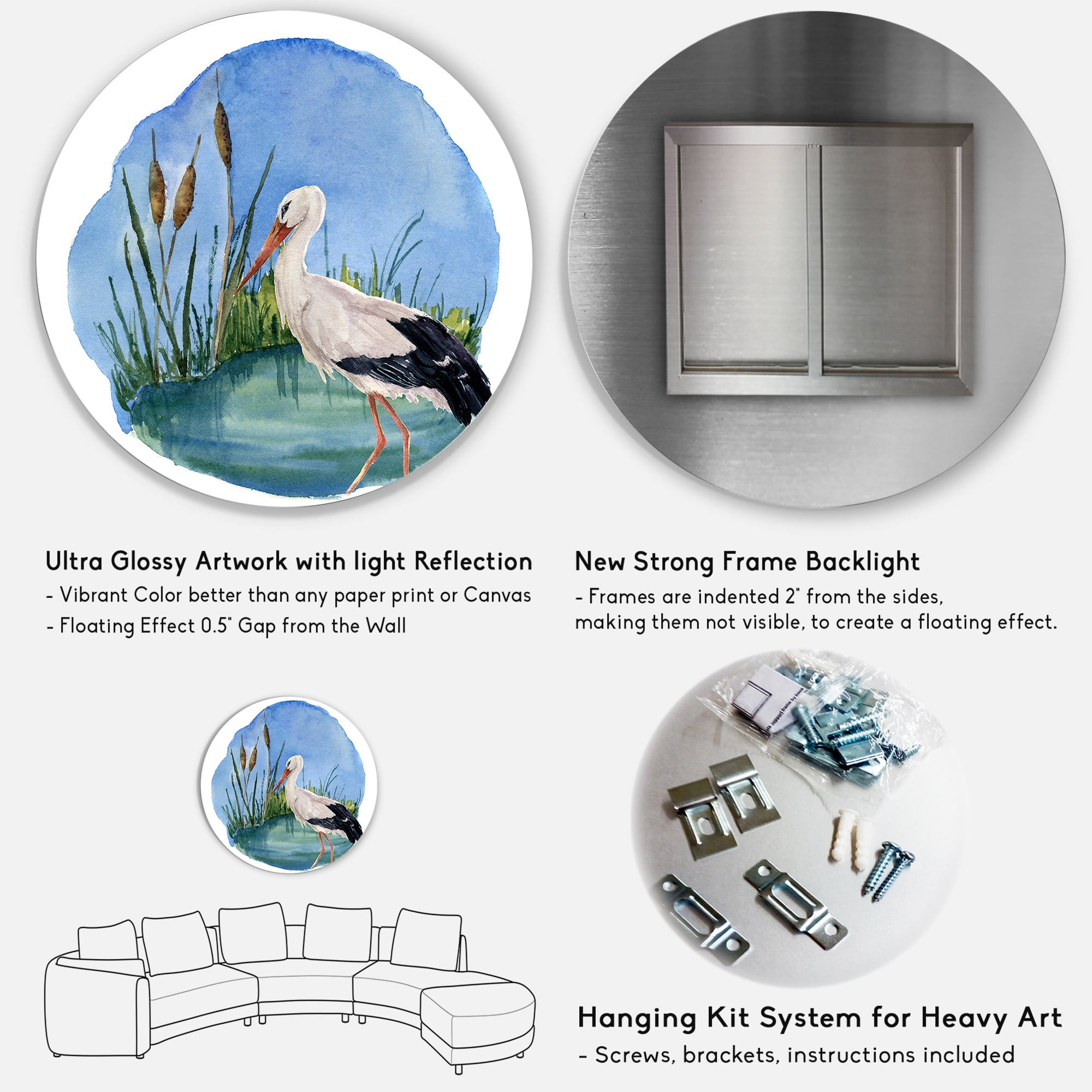Designart 'White Stork On The Swamp Blue' Traditional Circle Metal Wall Art 36x36 - Disc of 36