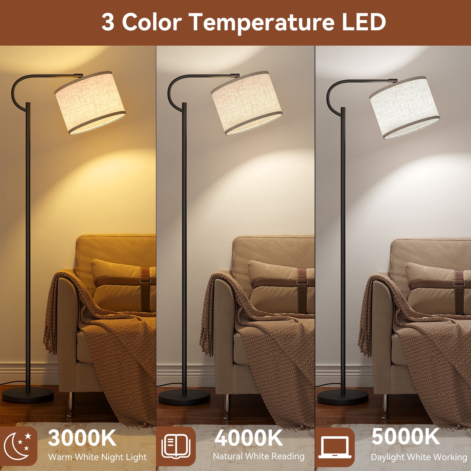 SUNMORY 63" Arc Floor Lamp for Living Room, Dimming Standing Lamp with Linen Shade, Tall lamp with 3 Color Temperature LED, Metal Modern Floor Lamps for Bedroom, Office, Bulb Included, Black