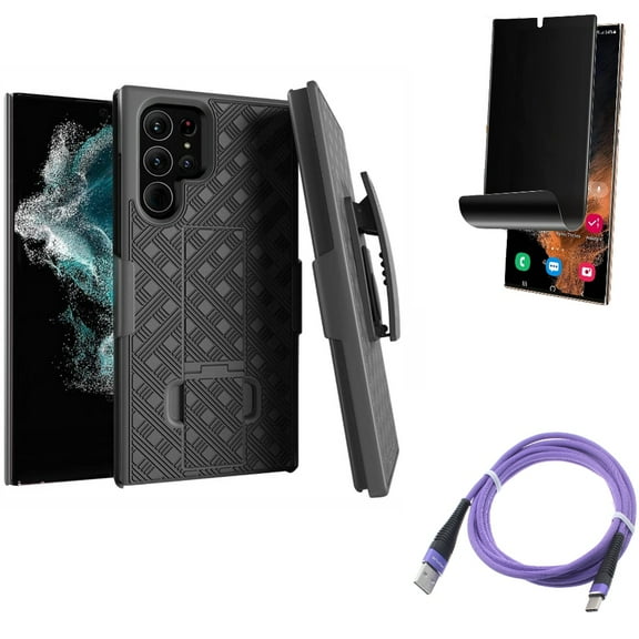 Case Belt Clip & 6ft USB Cable & Privacy Screen Protector for Samsung Galaxy S22 Ultra (6.8") - Combo Holster Swivel Cover & Purple Type-C Charger Cord & TPU Film (Fingerprint) Anti-Peep