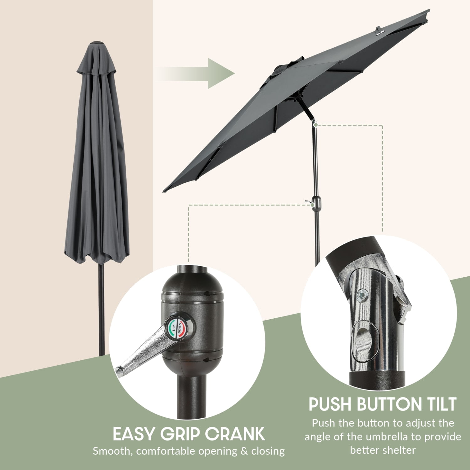 WestinTrends Paolo 9 Ft Outdoor Umbrella, Patio Shade Market Table Umbrella with Push Button Tilt and Easy Open Crank, Gray