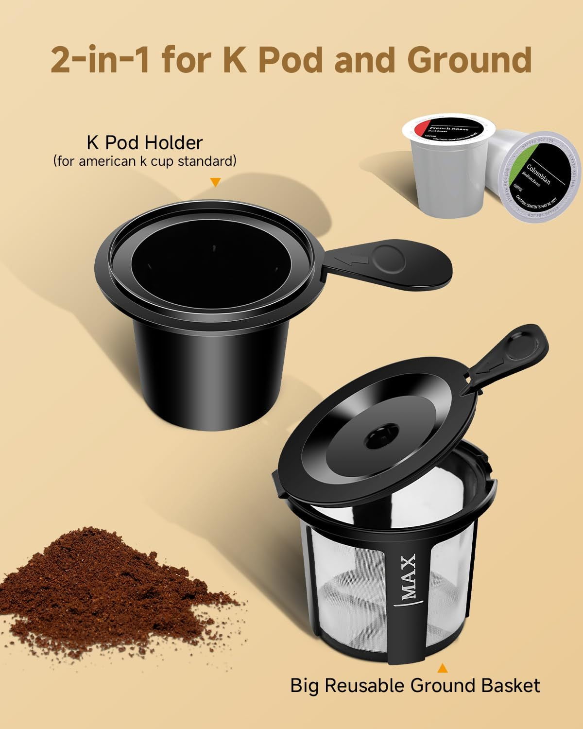 Single Serve Coffee Maker for K Cup Pod & Ground Coffee 2 in 1, K Cup Coffee Machine 14 oz Brew Size, Mini Single Cup Coffee Pod Fast Brew, Reusable Filter, Black