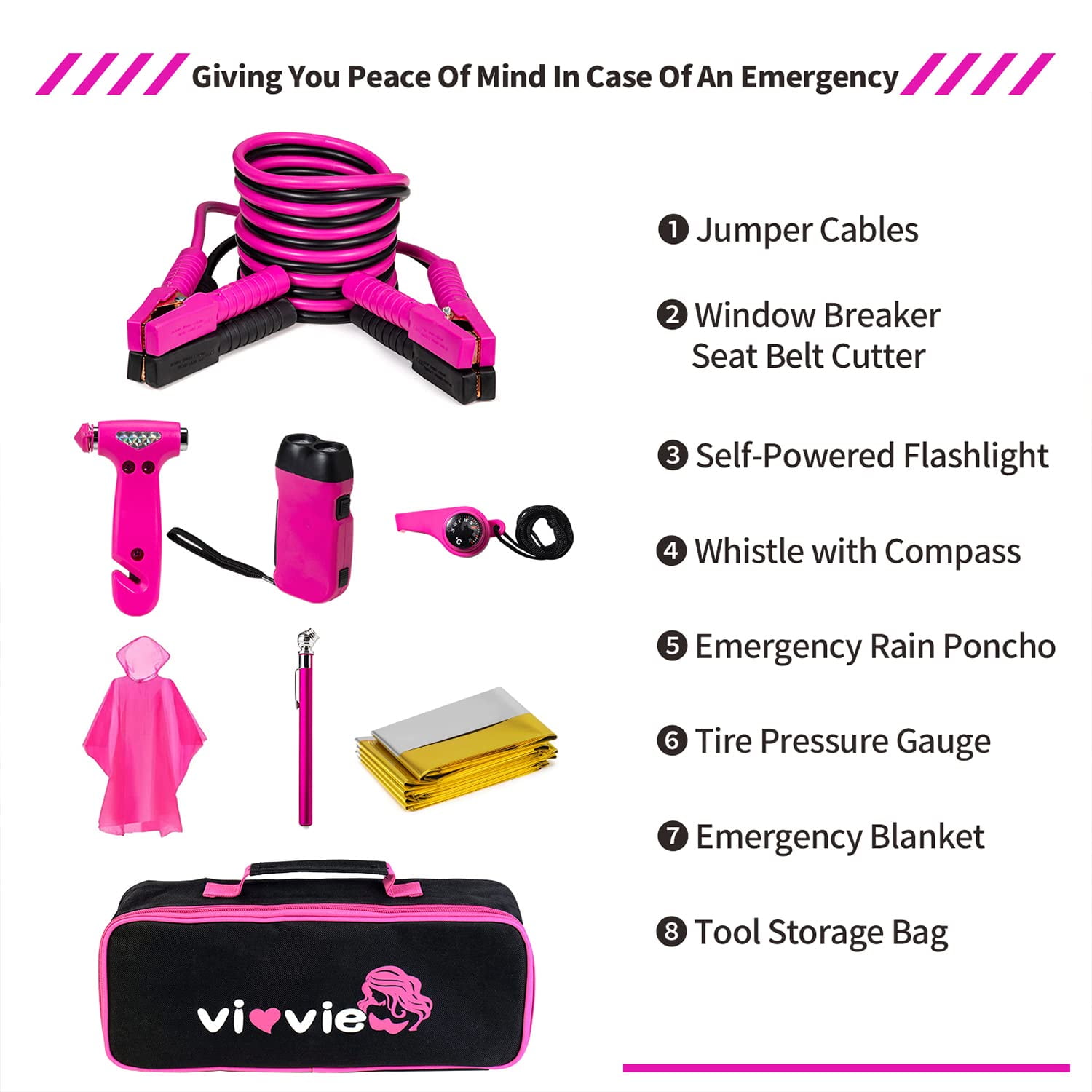 vioview Roadside Emergency Car Kit, Pink Car Emergency Kit with Jumper Cables (10 Foot), Auto Vehicle Safety Road Side Assistance Kits for Teen Girls and Women's Gifts