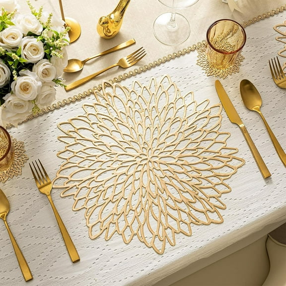 Konghyp Hibiscus Flower Hollow Placemat, Decorative Table Mat for Weddings, Elegant Dining Accessories, Durable Vinyl Tableware, Perfect for Home and Events