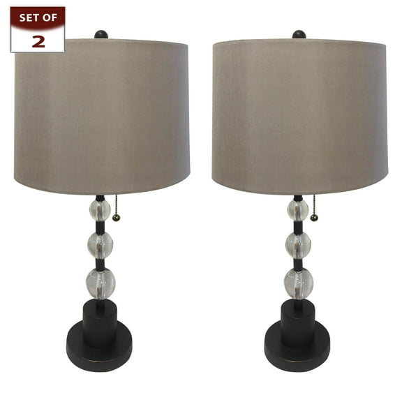 Royal Designs Oil Rub Bronze Lamp with Crystal Ball Accents and Gray Shallow Drum Hardback Lamp Shade, Se of 2