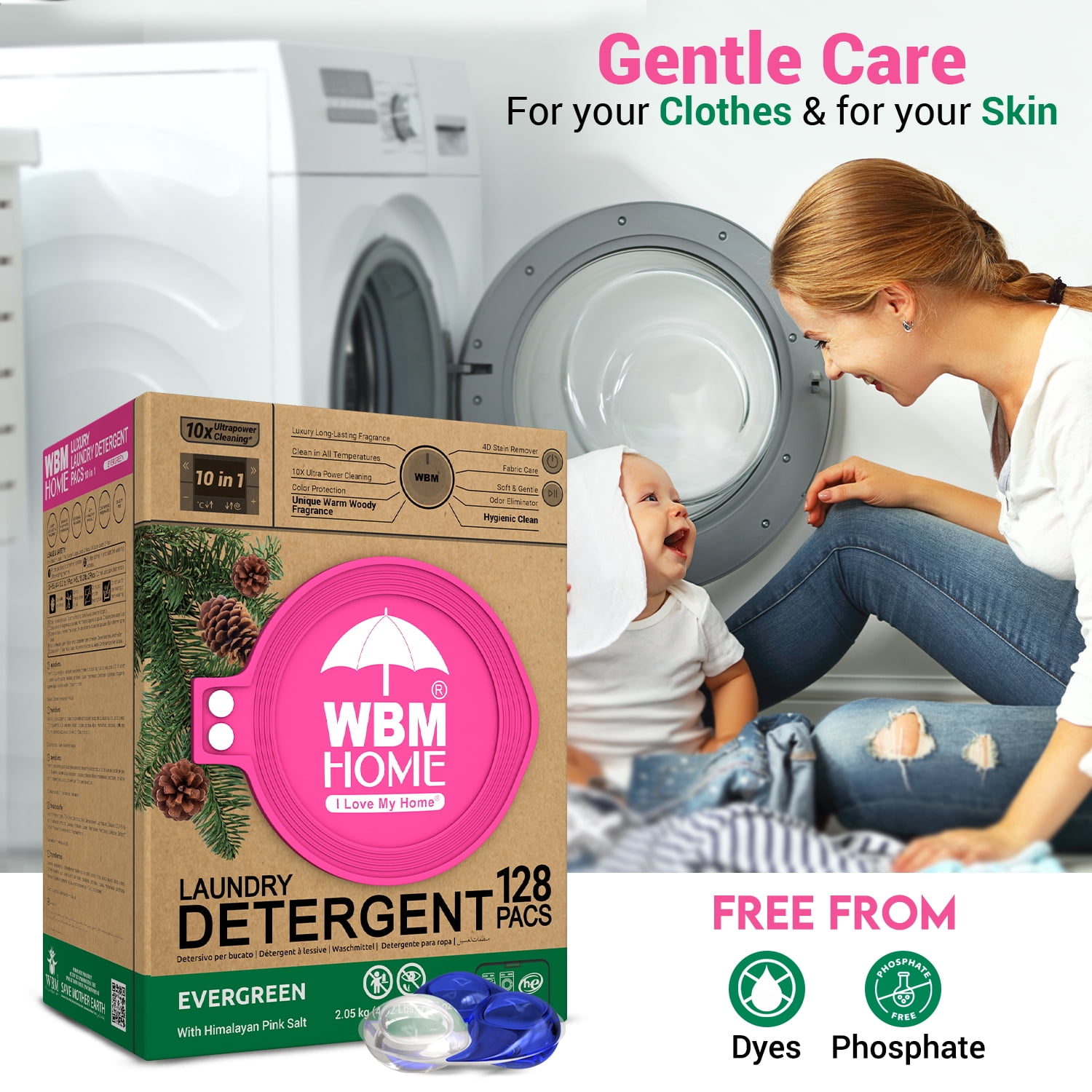 WBM HOME Laundry Detergent Pods, Liquid, Evergreen Scent, Ultra-Concentrated, 128 Count