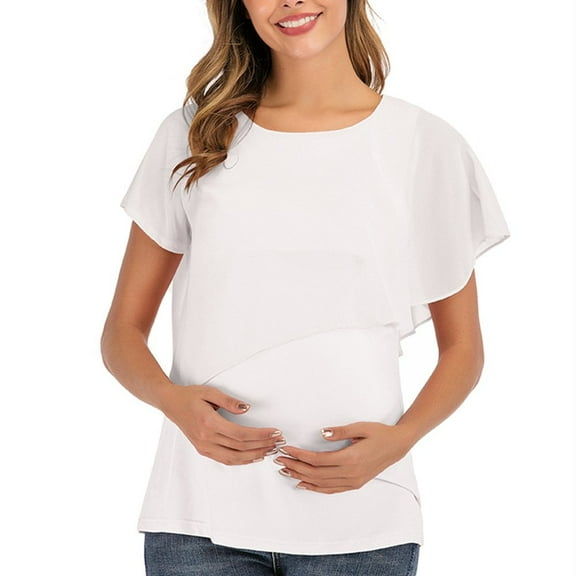 SHELLTON Womens Pregnant Nursing Chiffon Blouse Breastfeeding Tops Loose Shirt Navy Blue/M