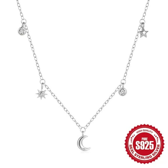 HESHPAWS Stars and Moon Clear, Cubic Zirconia Stars and Moon Necklace, Sterling Silver