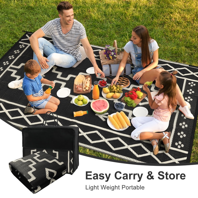 Wonnitar 5x8 Waterproof Outdoor Rugs, Plastic Straw Rug for Outside, Portable RV Outdoor Rugs for Camping, Black Boho Carpet for Patio Garden