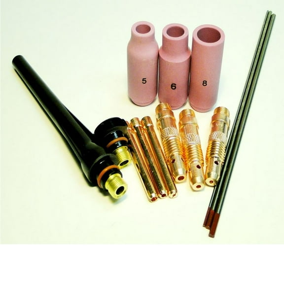 WeldingCity 14-pcs TIG Welding Torch Accessory Kit 1/16-3/32-1/8 (AK3) Collet-Collet Body-Ceramic Cup-Tungsten Electrode (Red)-Back Cap for Torch 17, 18 & 26 Weldcraft Miller Lincoln Hobart ESAB