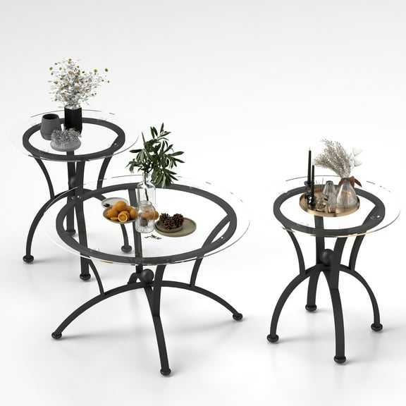 3-Piece Round Coffee Table Set with Tempered Glass Top Rustic Black Metal Frame for Living Room
