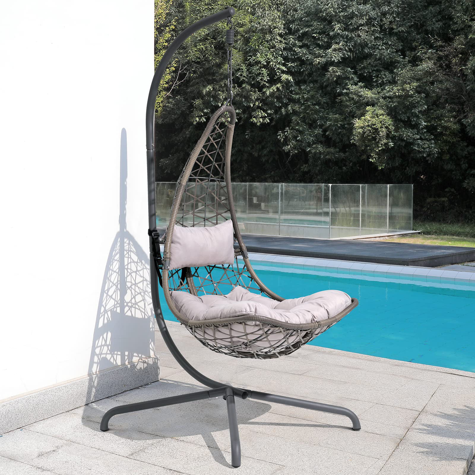 JOIVI Patio Swing Egg Chair with Stand, Oversized Cocoon-Shaped Hammock  Chair, Beige Wicker/ White Cushion