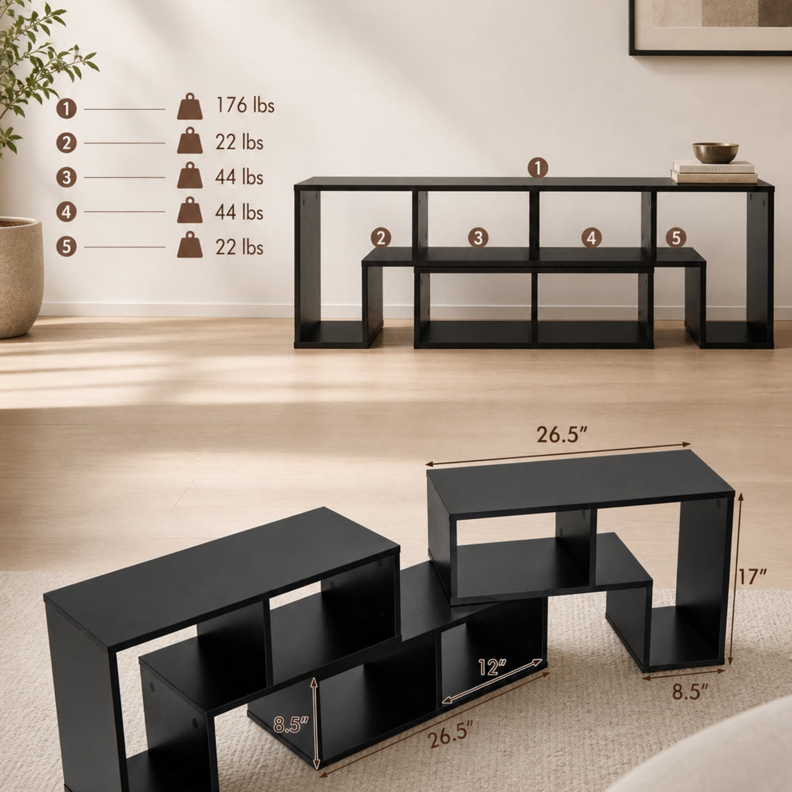 Furnibear 3 Pieces Adjustable TV Stand for TVs up to 65 Inch with Shelves for Living Room Bedroom Media Console Entertainment Center, Black