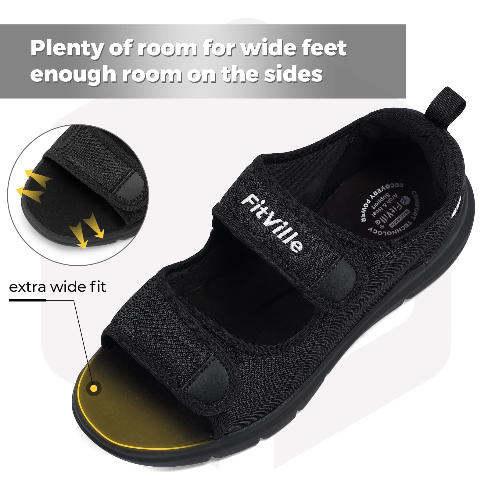 FitVille Adjustable Diabetic Sandals for Men Wide Width Sandals with Arch Support, Black, 10.5 Wide
