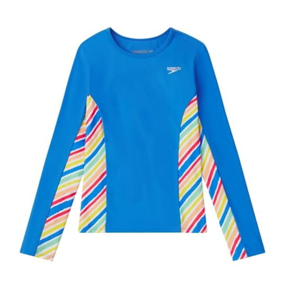Speedo Big Kids Girls' Long Sleeve Printed Splice Rashguard, Super Sonic, Large