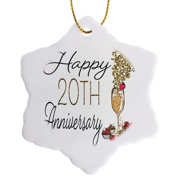 3drose, Happy 20th Anniversary Glass of Champagne and Sweets, 3 inch Snowflake Porcelain Ornament