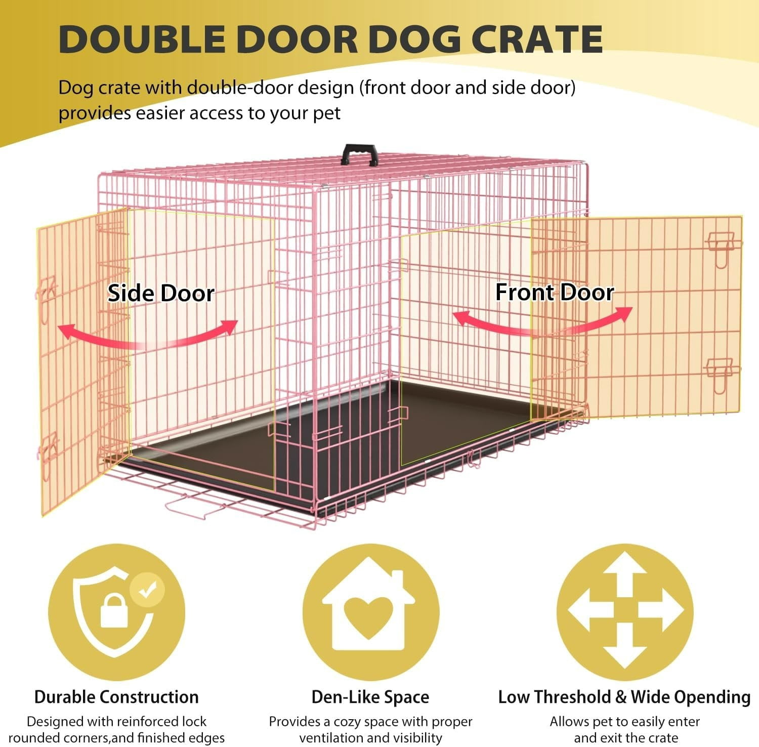 Extra Large Dog Crate Dog Kennel Cage with Double Door,48 inch Folding Metal Wire Dog Cage with Removable Tray&Divider Panel,Pet Crate for Large Dogs,Pink