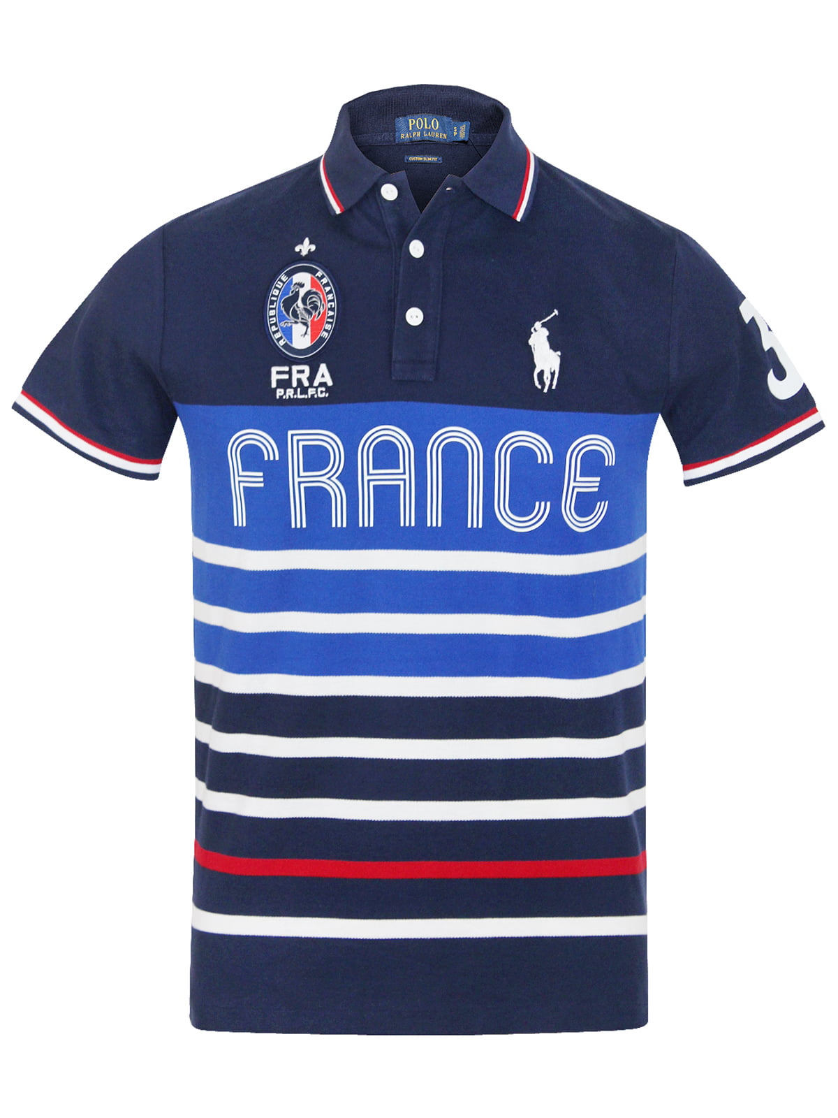 Polo Ralph Lauren Mens Custom Slim Fit France Crest Pony Logo Embroidered  Polo Shirt 3 Blue Stripped Jersey 