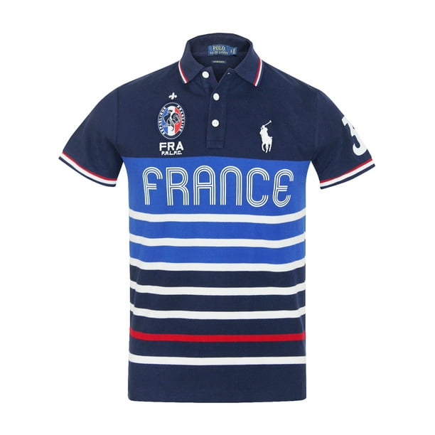 Polo Ralph Lauren Mens Custom Slim Fit France Crest Pony Logo Embroidered Polo  Shirt 3 Blue Stripped Jersey 