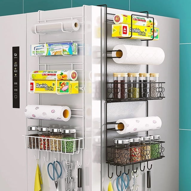 Foldable 2-Tier White Refrigerator Side Mounted Storage Rack - Modern Minimalist Kitchen Organizer for Condiments, Tissues & Food Bags, Space-Saving Multi-Purpose Hanging Shelf
