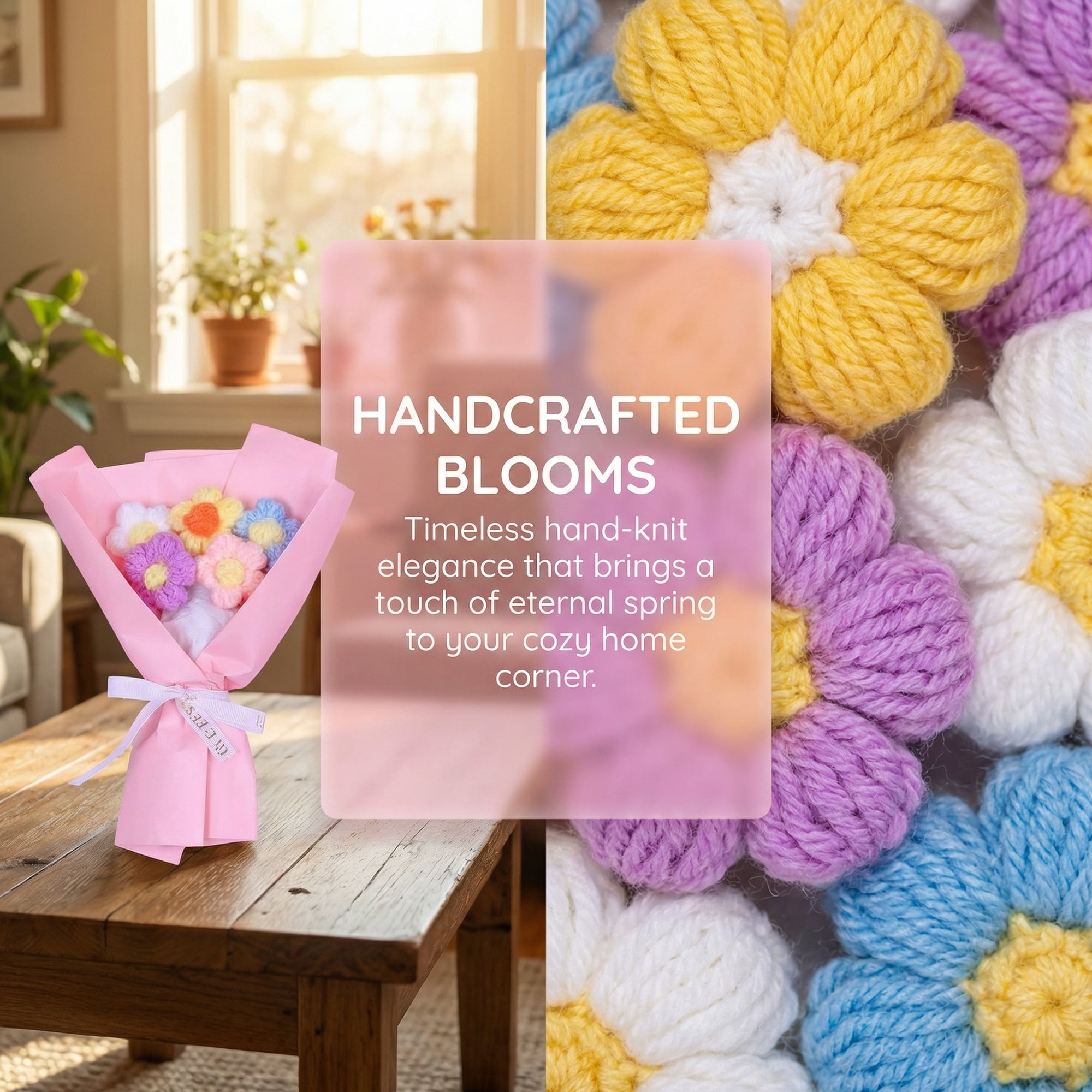 Unique Bargains Handmade Crochet Eternal Knitted Flowers Bouquet with Wrap Pink 7.1 in