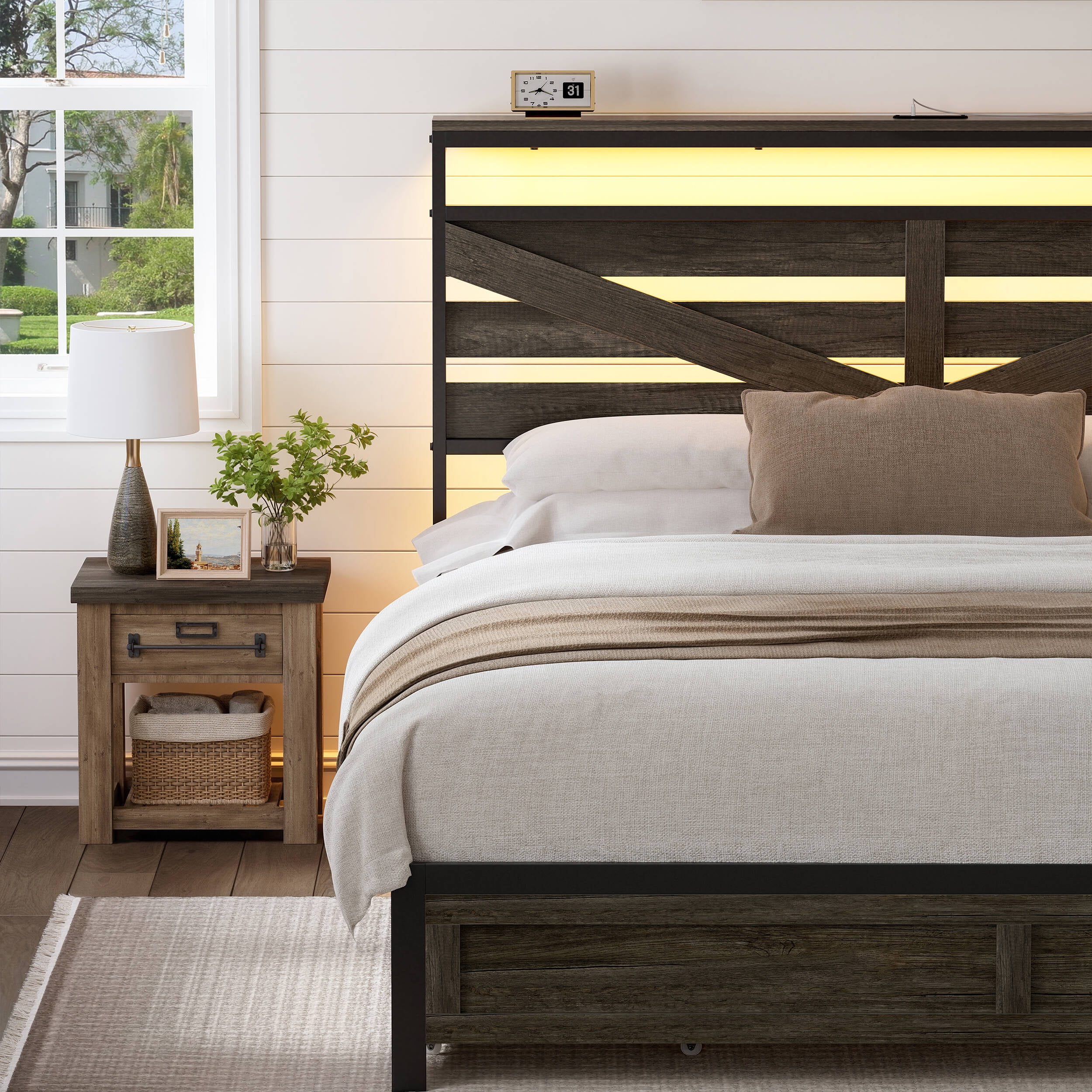 GUNAITO King Bed Frame with Storage Headboard & 4 Drawers, Dark Gray Industrial Metal Platform Bed with Charging Station and LED