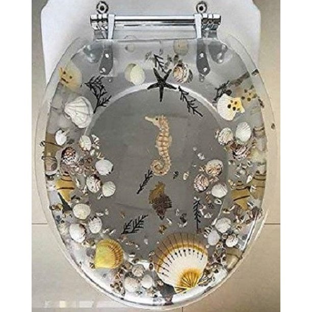 JEWEL SHELL Seashell and Seahorse CLEAR ELONGATED RESIN TOILET SEAT