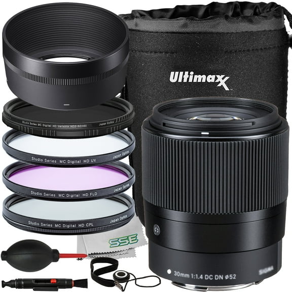 Ultimaxx Essential Sigma 30mm f/1.4 DC DN Contemporary Lens Bundle (E Mount) - Includes: 3PC Protective Filter Kit (UV, CPL, FLD), Lens Pouch & More (13pc Bundle)