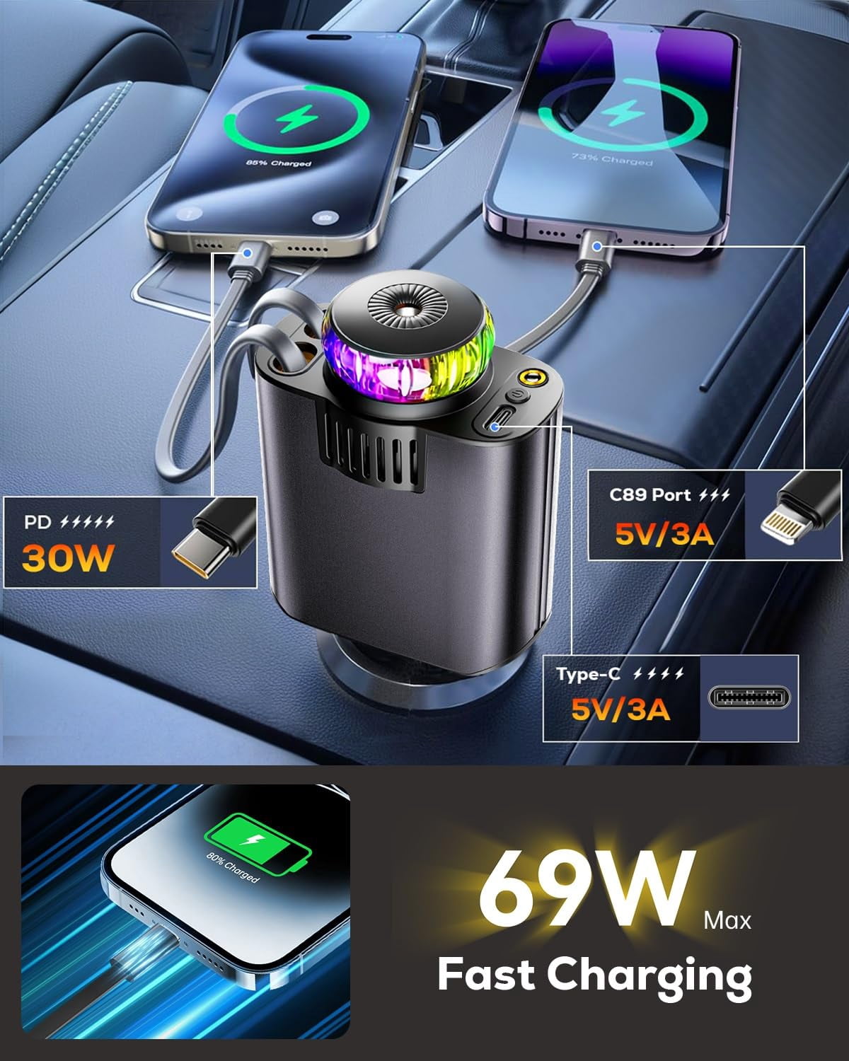 The Car Charger with Air Freshener Diffuser & Star Lights,Multi Port Cigarette Lighter Adapter for iPhone Car Phone Charger USB-C/Type-C Fast Charging with 2 Retractable Cable,Car Aromatherapy