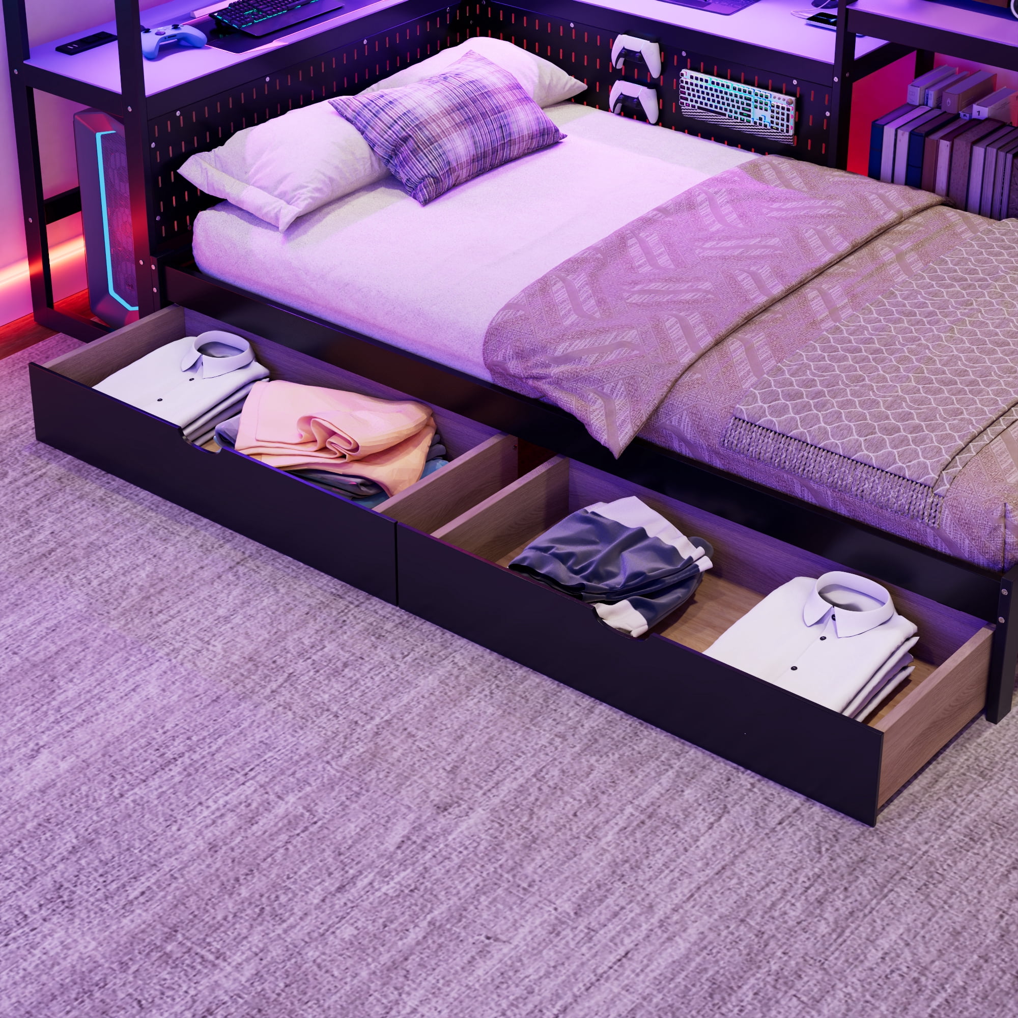 Mintazer Twin LED Gaming Daybed Storage Platform Bed with Charging Station & Integrated Desk Bookshelves and 3 Drawers for Kids Teens, Black+Purple