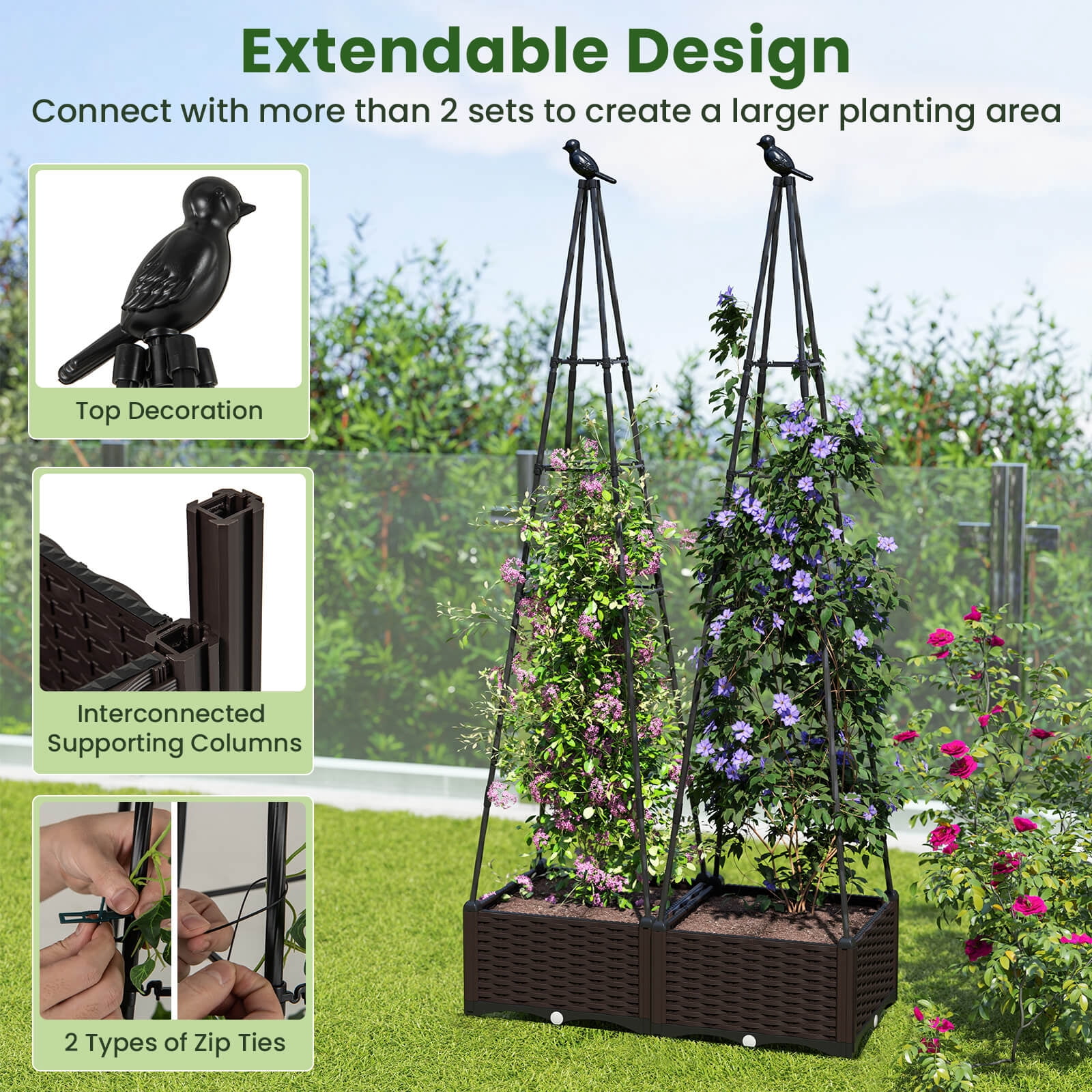 Costway 2 PCS Raised Garden Bed with Plant Box & Obelisk Trellis Lockable Wheels Cage Planter