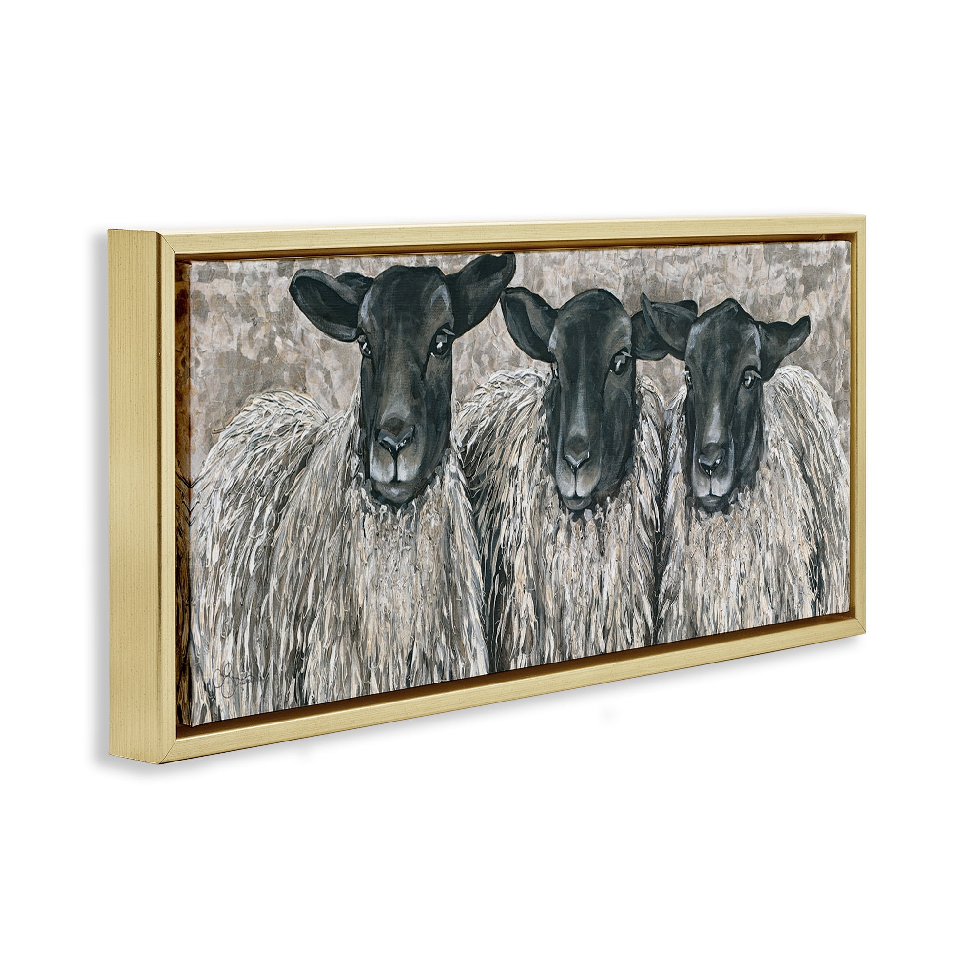 Stupell Industries Three Sheep Trio Portrait Animals & Insects Painting Gold Floater Framed Canvas Art Print Wall Art, 25 x 11