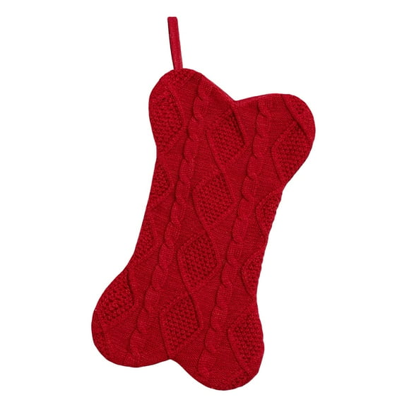 Knit Dog Christmas Stocking with Bone Shape - Large Pet Stocking for Dogs and Cats, Festive Hanging Xmas Decor for Pet Lovers - A