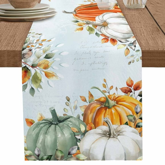 Thanksgiving Table Runner 90 Inches Long for Dining Table Decor,Sage Green Pumpkin Eucalyptus Coastal Leaf Burlap Linen Farmhouse Table Runner Coffee Table Runners Dresser for Kitchen Party Holiday