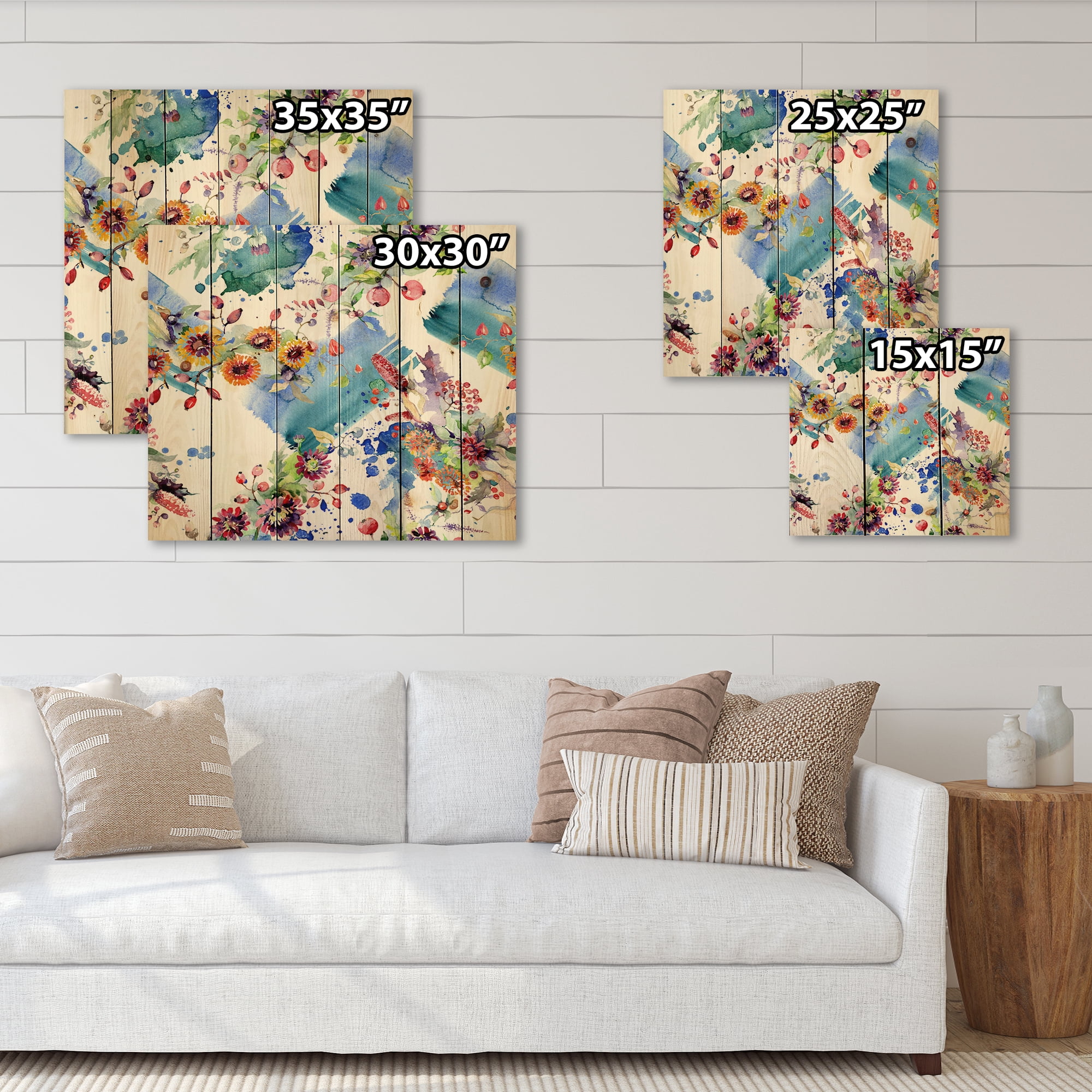 Designart 'Wildflowers and Vibrant Wild Spring Leaves IX' Modern Print on Natural Pine Wood