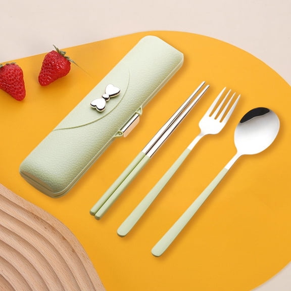 Travel Utensils with Case, Reusable Silverware Set for Lunch Box，Portable Cute Cutlery Set Adult, 18/8 Stainless Steel Spoon Fork Chopsticks for Work, Camping, Picnic, Dishwasher Safe