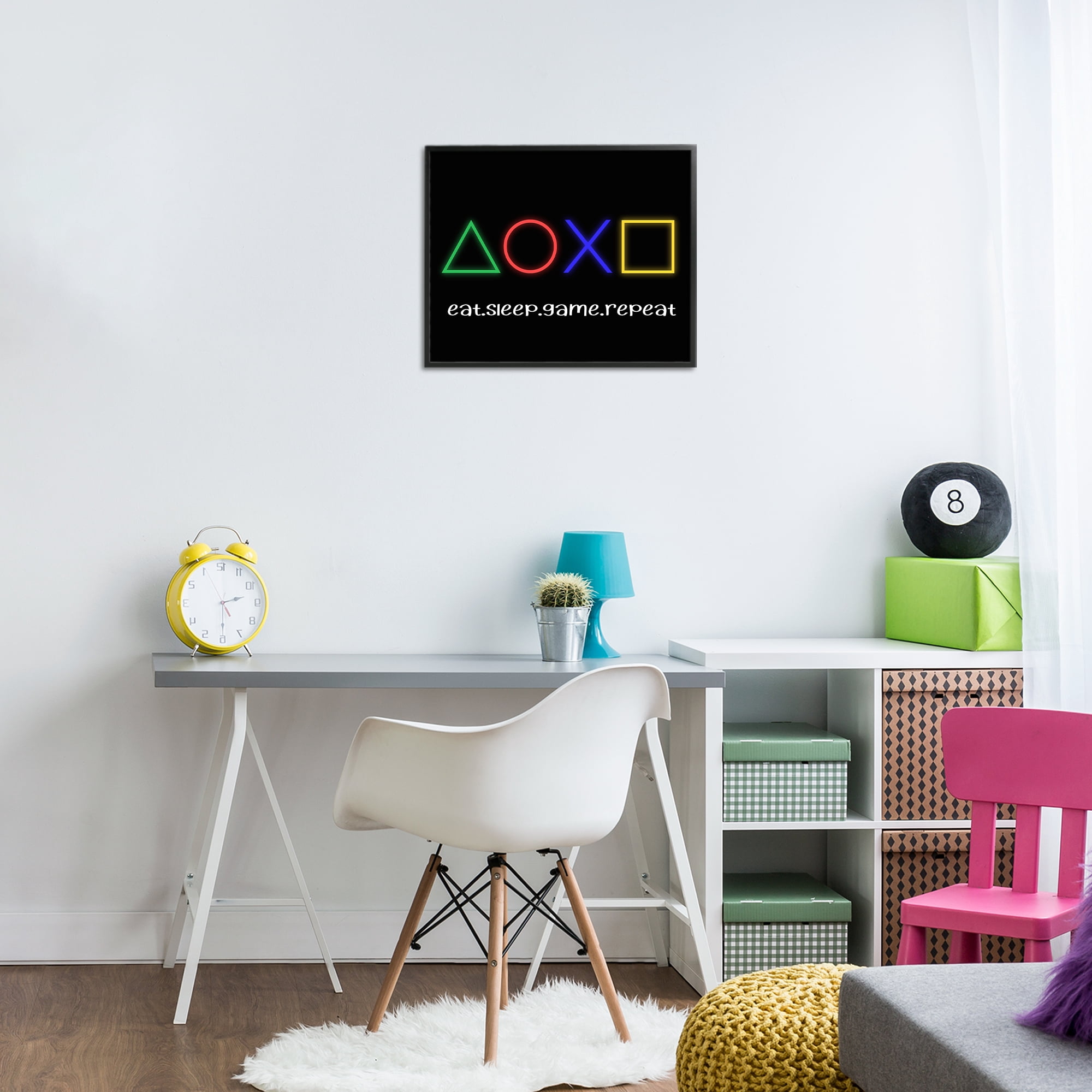 Neon Gaming Symbols & Words Black Framed Giclee Art, design by Christine Simpson Art