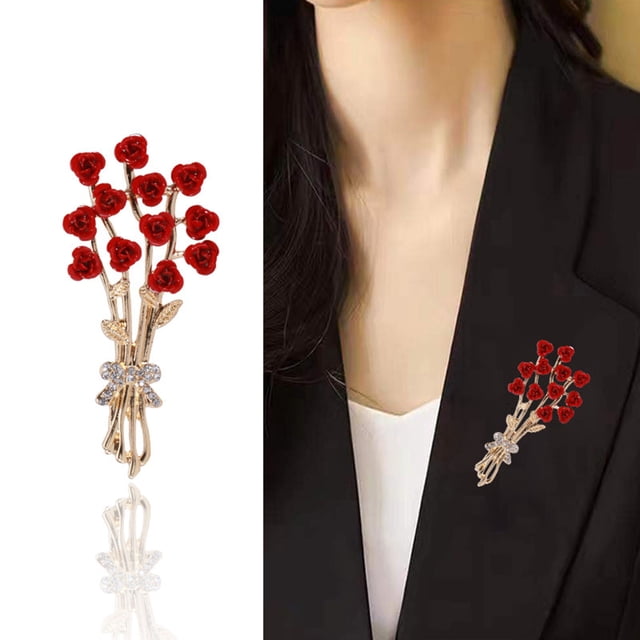 enjoywould Femmes Émail Rose Fleur Bouquet Forme Broche Pin Coréen Style Brillant Strass Incrustation Robe Manteau Badge Bijoux Accessoires