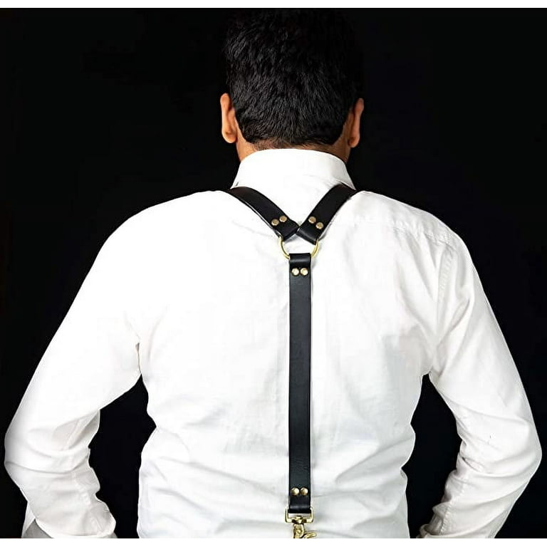 BODIY Men Leather Suspenders Belt Y-Back Shoulder Strap Groomsmen Wedding Adjustable Tuxedo Suspender (Black)