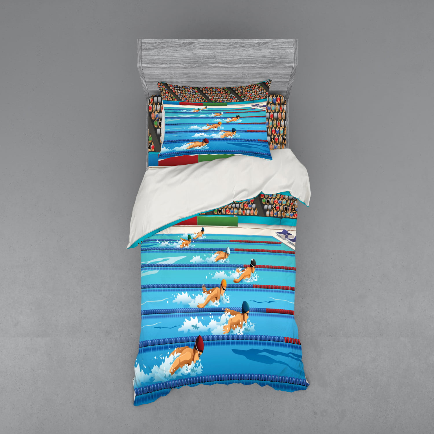 Olympics Swimming Race Print Cartoon Quilted Bedspread & Pillow Shams Set 