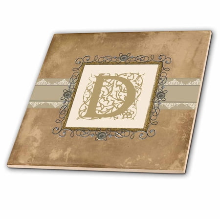 3dRose, D Initial Vintage Elegant Vines and Flowers in Sepia and Pewter Look, 6 Inch Ceramic Tile