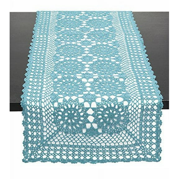 Fennco Styles Handmade Crochet Lace Cotton Rectangular Table Runner (16"x36", Aqua)
