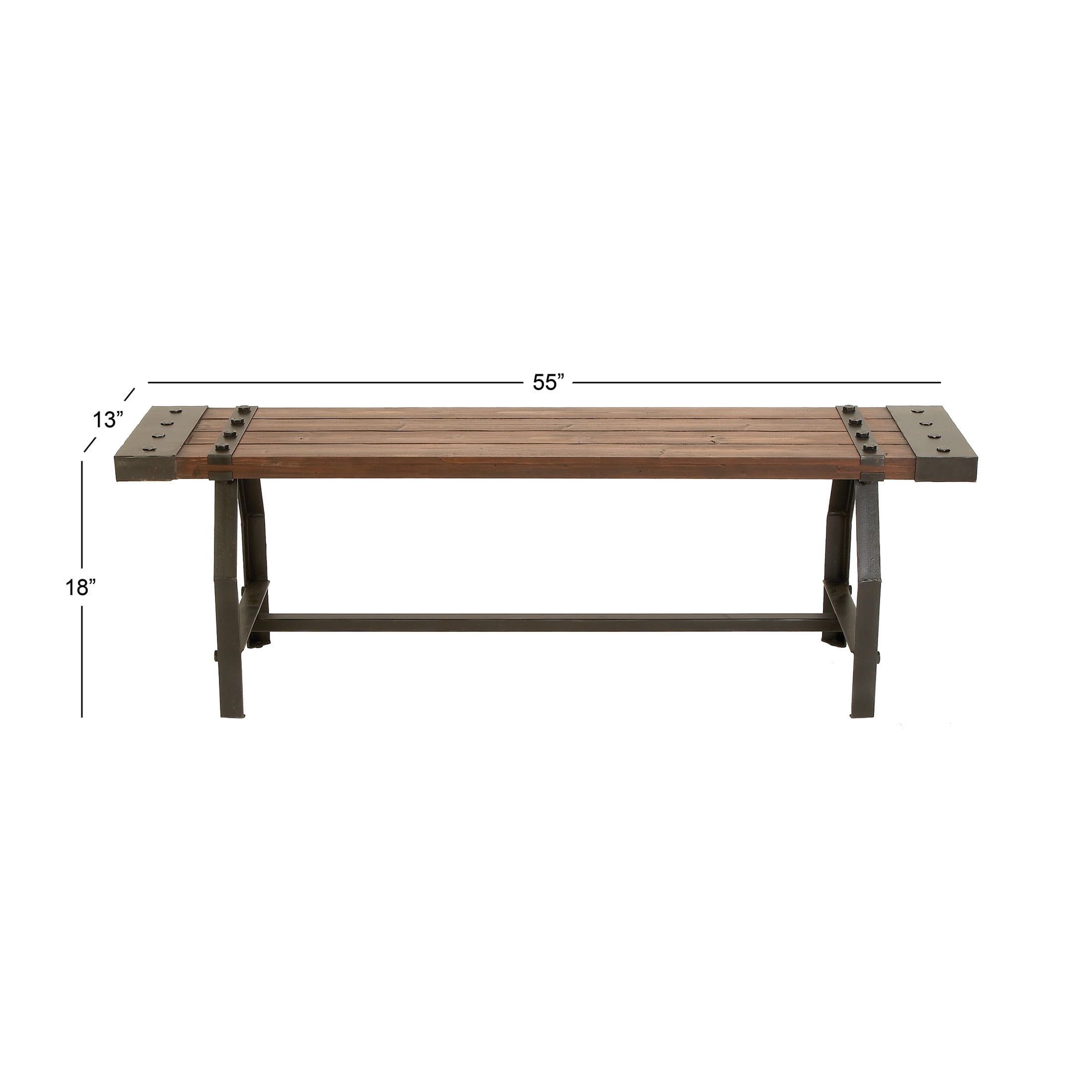 DecMode Wood Slatted Bench with Black Metal Base and Studs, Brown