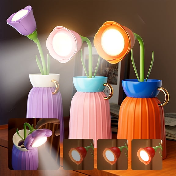 Msgweeeg Table Lamps Small Table Lamp Night Light Unique Wireless Flower Desk Lamp with Vase Flexible Gooseneck Rechargeable LED Lamp with USB Charging Port 3 Color Modes and Stepless Dimming