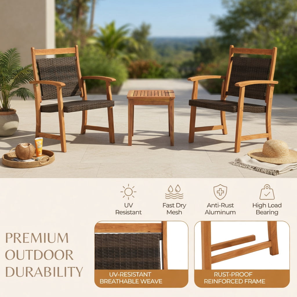 Hommoo 3-Piece Outdoor Rattan Bistro Set, 2 Acacia Wood Armchairs + Square Side Table, Rustic PE Wicker Patio Furniture for Garden, Balcony & Deck, Reddish Brown